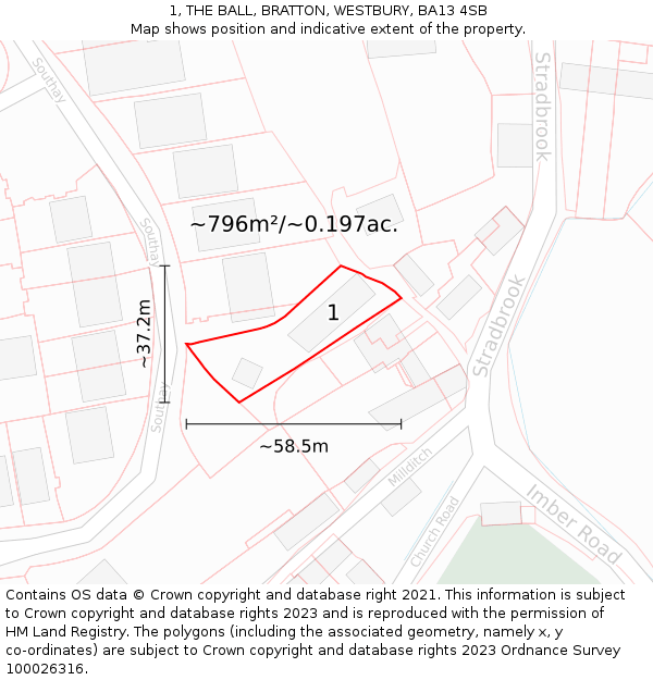 1, THE BALL, BRATTON, WESTBURY, BA13 4SB: Plot and title map