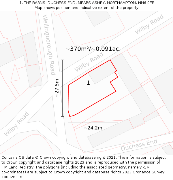 1, THE BARNS, DUCHESS END, MEARS ASHBY, NORTHAMPTON, NN6 0EB: Plot and title map