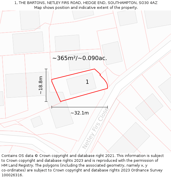 1, THE BARTONS, NETLEY FIRS ROAD, HEDGE END, SOUTHAMPTON, SO30 4AZ: Plot and title map