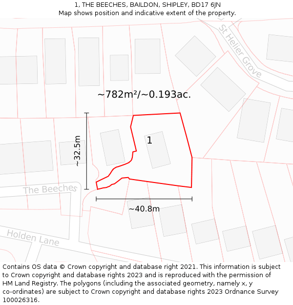 1, THE BEECHES, BAILDON, SHIPLEY, BD17 6JN: Plot and title map