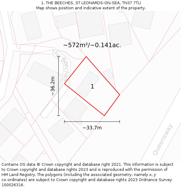 1, THE BEECHES, ST LEONARDS-ON-SEA, TN37 7TU: Plot and title map