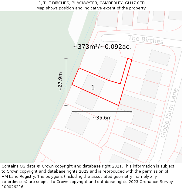 1, THE BIRCHES, BLACKWATER, CAMBERLEY, GU17 0EB: Plot and title map