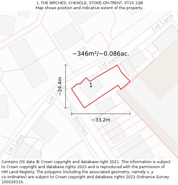 1, THE BIRCHES, CHEADLE, STOKE-ON-TRENT, ST10 1QB: Plot and title map