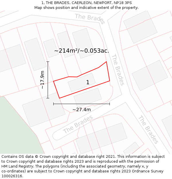 1, THE BRADES, CAERLEON, NEWPORT, NP18 3PS: Plot and title map