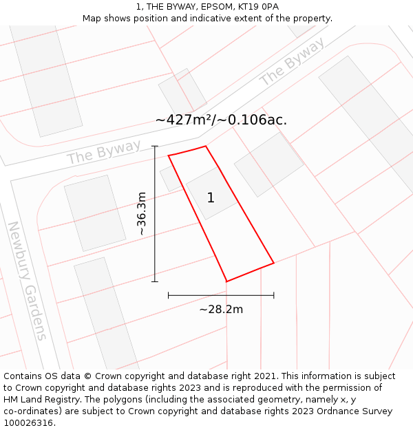 1, THE BYWAY, EPSOM, KT19 0PA: Plot and title map