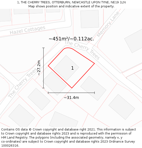 1, THE CHERRY TREES, OTTERBURN, NEWCASTLE UPON TYNE, NE19 1LN: Plot and title map