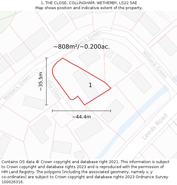 1, THE CLOSE, COLLINGHAM, WETHERBY, LS22 5AE: Plot and title map