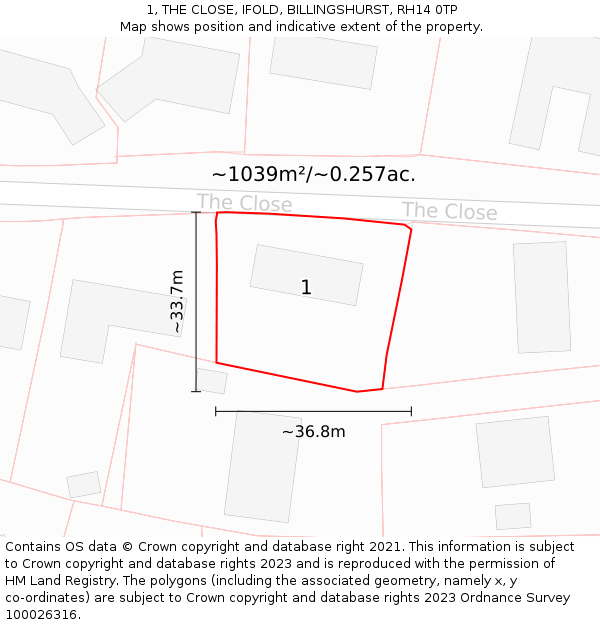 1, THE CLOSE, IFOLD, BILLINGSHURST, RH14 0TP: Plot and title map