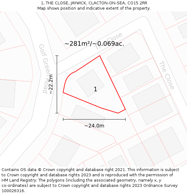 1, THE CLOSE, JAYWICK, CLACTON-ON-SEA, CO15 2RR: Plot and title map