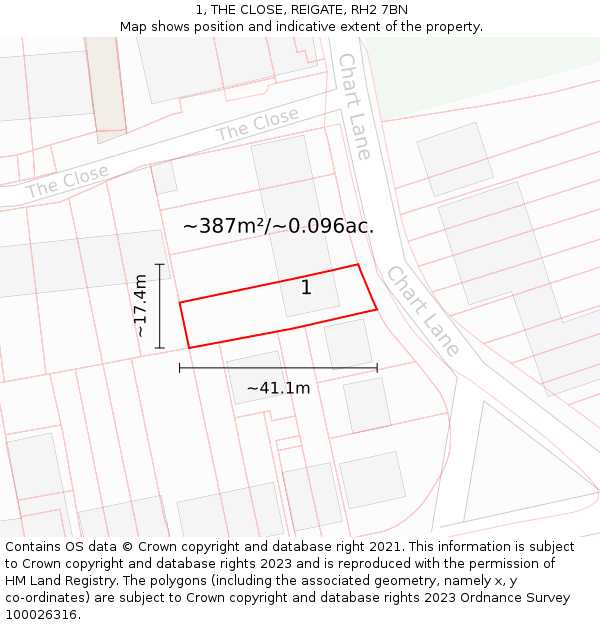 1, THE CLOSE, REIGATE, RH2 7BN: Plot and title map