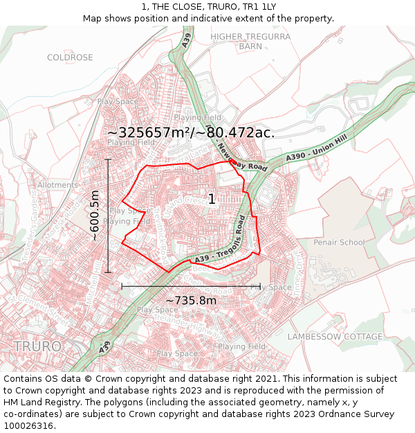 1, THE CLOSE, TRURO, TR1 1LY: Plot and title map