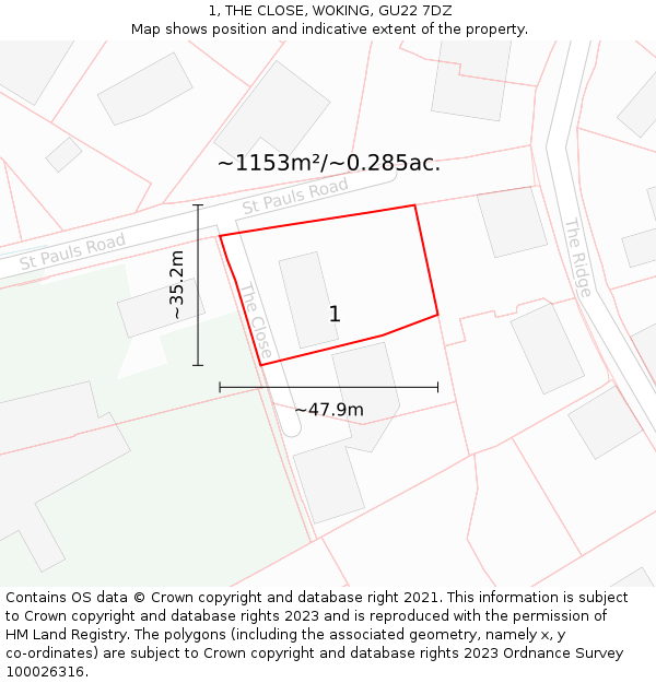 1, THE CLOSE, WOKING, GU22 7DZ: Plot and title map