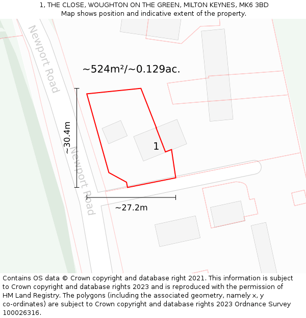 1, THE CLOSE, WOUGHTON ON THE GREEN, MILTON KEYNES, MK6 3BD: Plot and title map