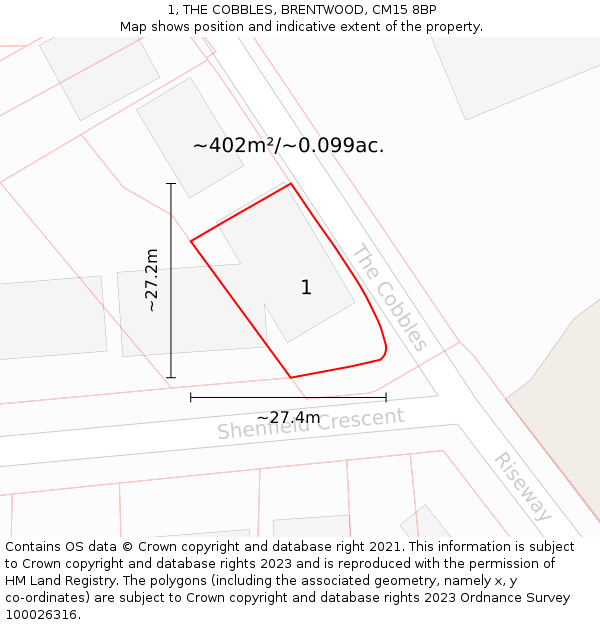 1, THE COBBLES, BRENTWOOD, CM15 8BP: Plot and title map