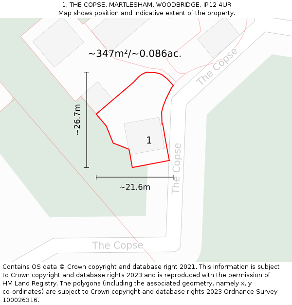 1, THE COPSE, MARTLESHAM, WOODBRIDGE, IP12 4UR: Plot and title map