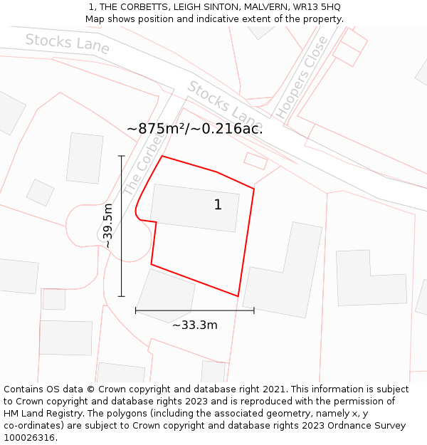 1, THE CORBETTS, LEIGH SINTON, MALVERN, WR13 5HQ: Plot and title map