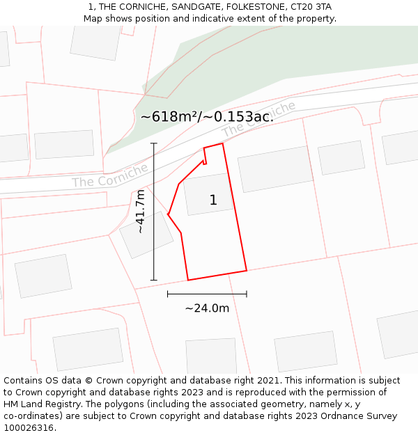 1, THE CORNICHE, SANDGATE, FOLKESTONE, CT20 3TA: Plot and title map