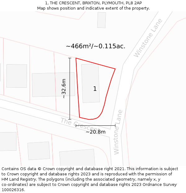 1, THE CRESCENT, BRIXTON, PLYMOUTH, PL8 2AP: Plot and title map