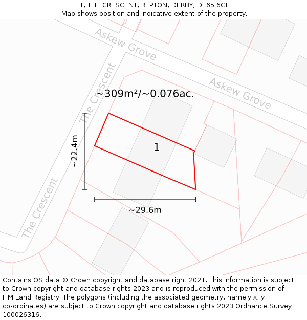 1, THE CRESCENT, REPTON, DERBY, DE65 6GL: Plot and title map