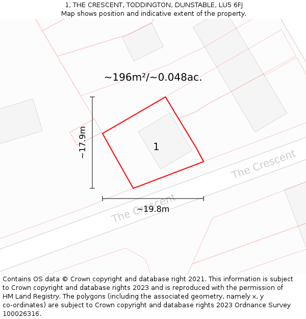 1, THE CRESCENT, TODDINGTON, DUNSTABLE, LU5 6FJ: Plot and title map