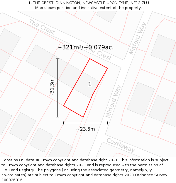 1, THE CREST, DINNINGTON, NEWCASTLE UPON TYNE, NE13 7LU: Plot and title map