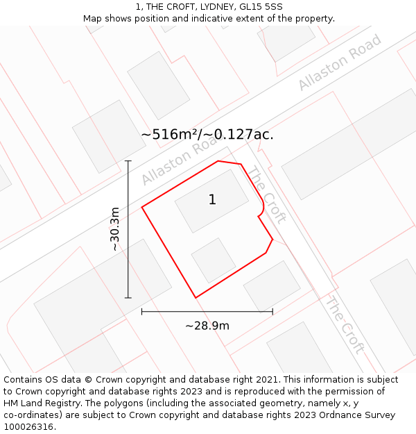 1, THE CROFT, LYDNEY, GL15 5SS: Plot and title map