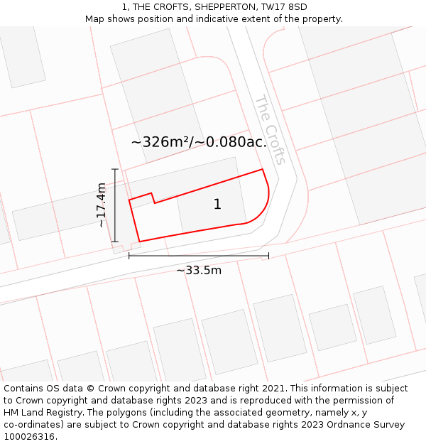 1, THE CROFTS, SHEPPERTON, TW17 8SD: Plot and title map
