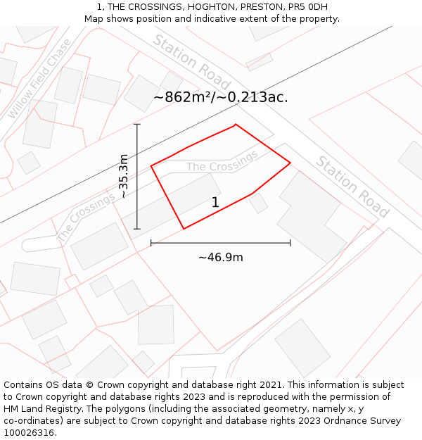 1, THE CROSSINGS, HOGHTON, PRESTON, PR5 0DH: Plot and title map