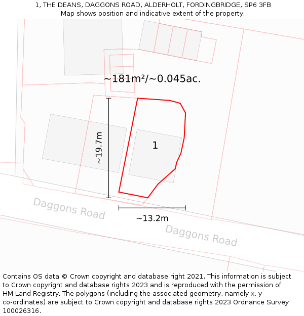1, THE DEANS, DAGGONS ROAD, ALDERHOLT, FORDINGBRIDGE, SP6 3FB: Plot and title map