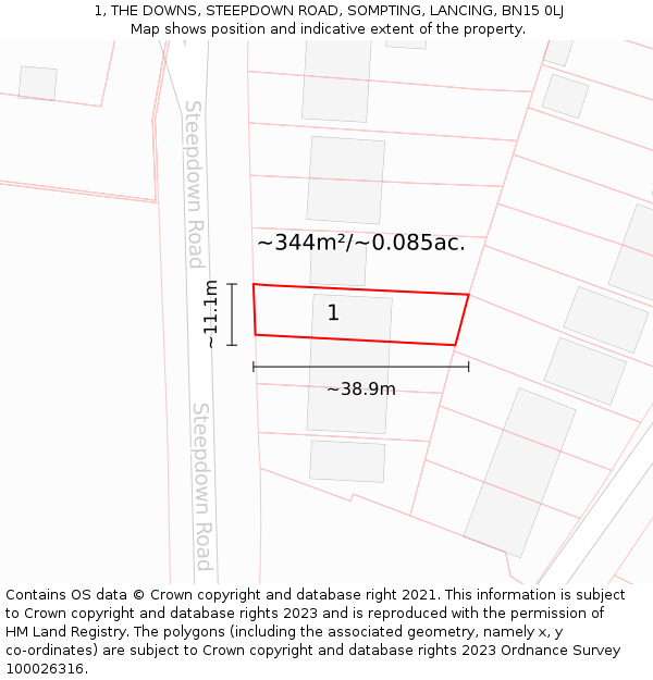 1, THE DOWNS, STEEPDOWN ROAD, SOMPTING, LANCING, BN15 0LJ: Plot and title map