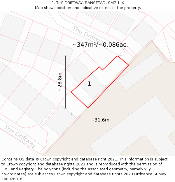 1, THE DRIFTWAY, BANSTEAD, SM7 1LX: Plot and title map