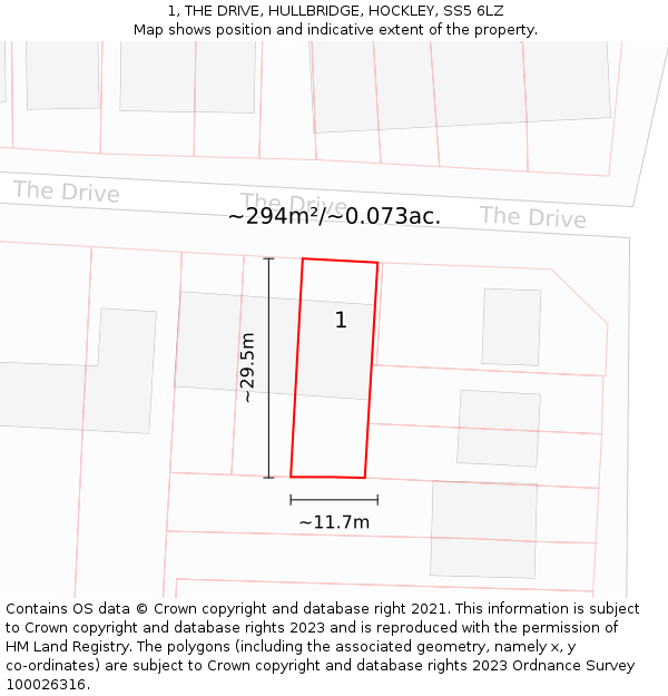1, THE DRIVE, HULLBRIDGE, HOCKLEY, SS5 6LZ: Plot and title map