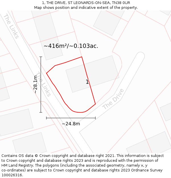 1, THE DRIVE, ST LEONARDS-ON-SEA, TN38 0UR: Plot and title map