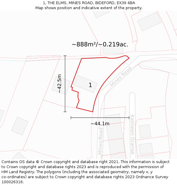 1, THE ELMS, MINES ROAD, BIDEFORD, EX39 4BA: Plot and title map