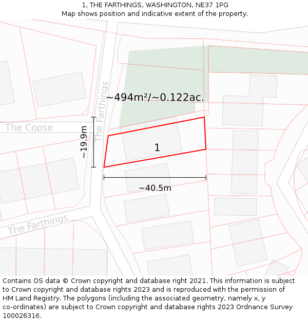 1, THE FARTHINGS, WASHINGTON, NE37 1PG: Plot and title map