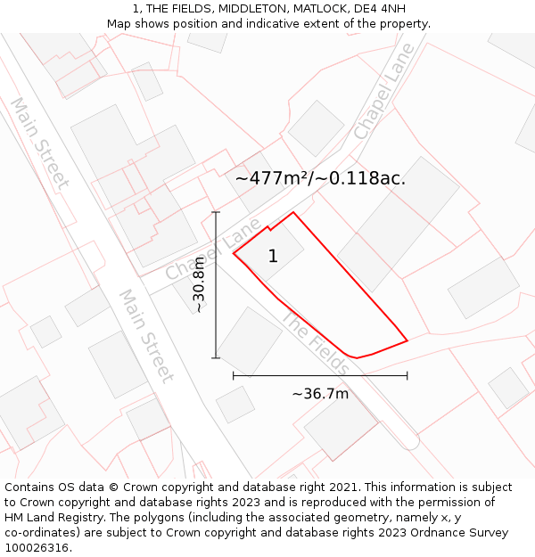 1, THE FIELDS, MIDDLETON, MATLOCK, DE4 4NH: Plot and title map