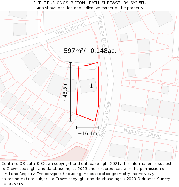 1, THE FURLONGS, BICTON HEATH, SHREWSBURY, SY3 5FU: Plot and title map