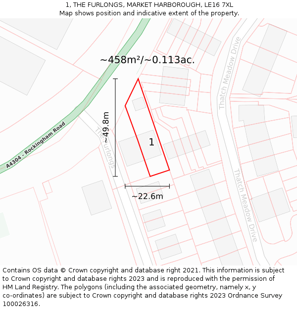 1, THE FURLONGS, MARKET HARBOROUGH, LE16 7XL: Plot and title map