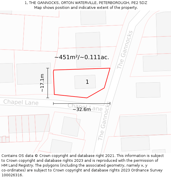 1, THE GANNOCKS, ORTON WATERVILLE, PETERBOROUGH, PE2 5DZ: Plot and title map