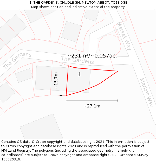 1, THE GARDENS, CHUDLEIGH, NEWTON ABBOT, TQ13 0GE: Plot and title map