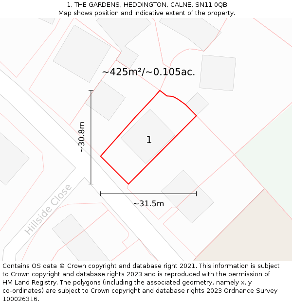 1, THE GARDENS, HEDDINGTON, CALNE, SN11 0QB: Plot and title map
