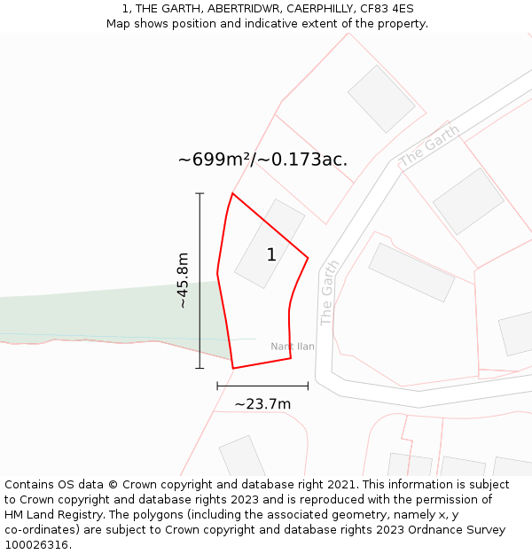 1, THE GARTH, ABERTRIDWR, CAERPHILLY, CF83 4ES: Plot and title map