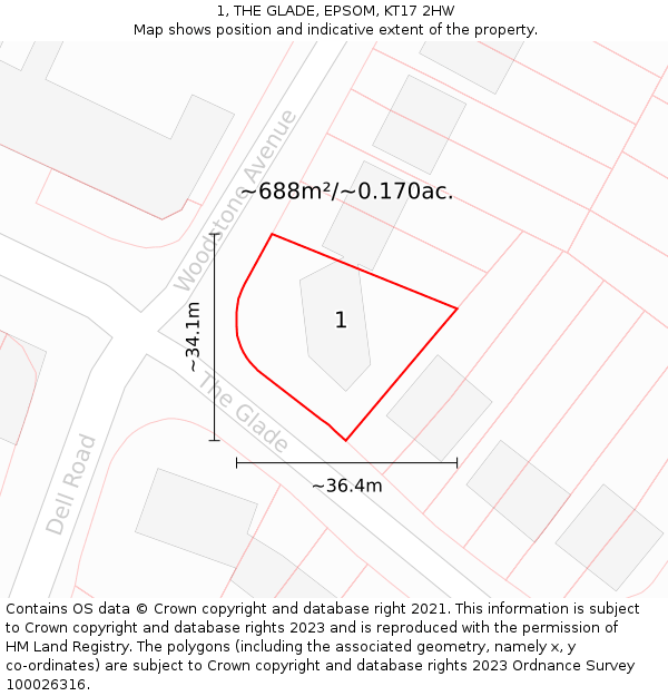 1, THE GLADE, EPSOM, KT17 2HW: Plot and title map