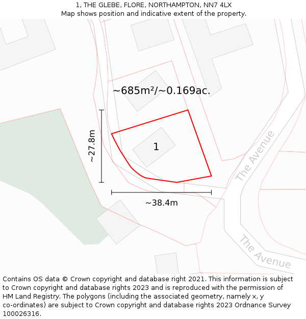 1, THE GLEBE, FLORE, NORTHAMPTON, NN7 4LX: Plot and title map