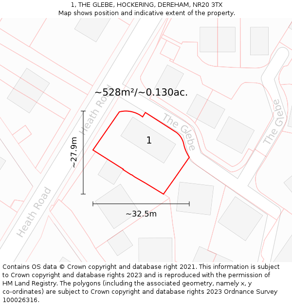 1, THE GLEBE, HOCKERING, DEREHAM, NR20 3TX: Plot and title map