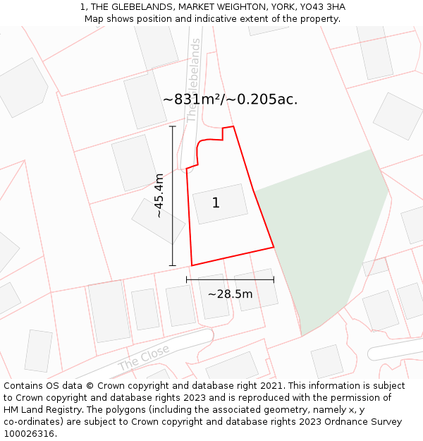 1, THE GLEBELANDS, MARKET WEIGHTON, YORK, YO43 3HA: Plot and title map