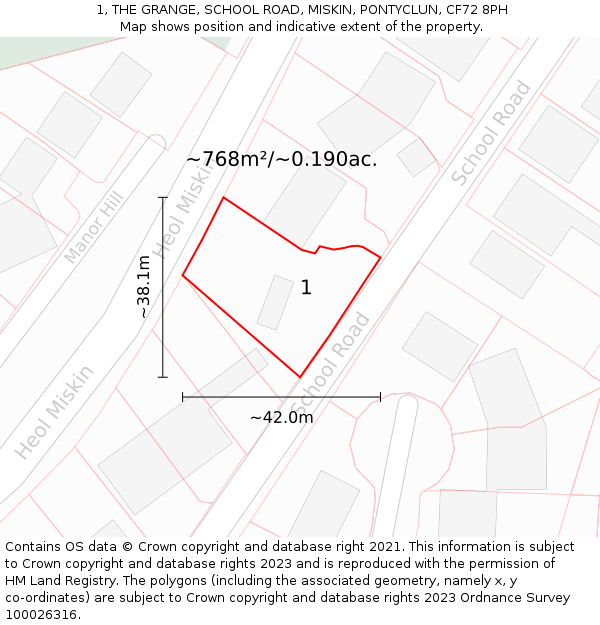 1, THE GRANGE, SCHOOL ROAD, MISKIN, PONTYCLUN, CF72 8PH: Plot and title map