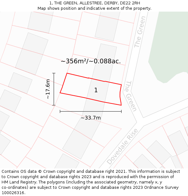 1, THE GREEN, ALLESTREE, DERBY, DE22 2RH: Plot and title map