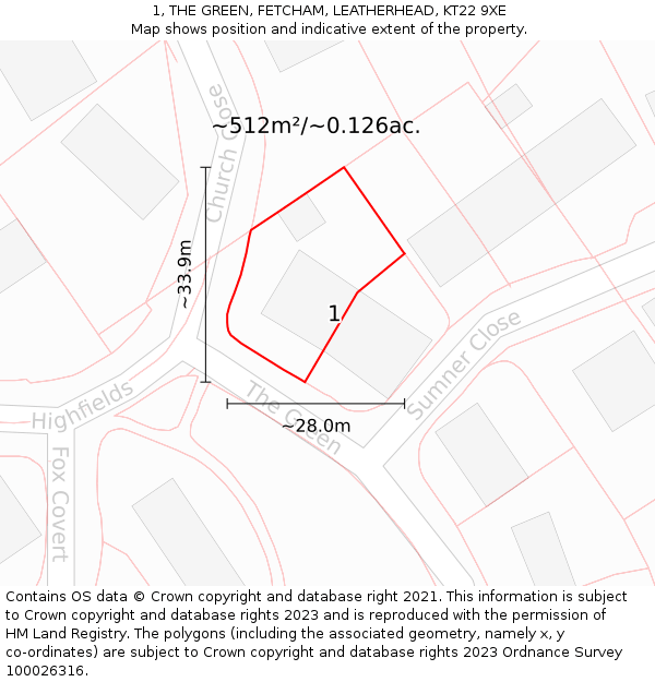 1, THE GREEN, FETCHAM, LEATHERHEAD, KT22 9XE: Plot and title map