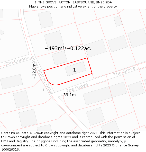 1, THE GROVE, RATTON, EASTBOURNE, BN20 9DA: Plot and title map